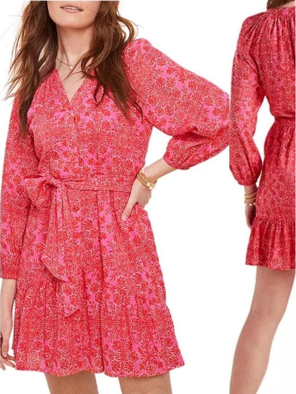 Vineyard Vines Scarf Print Pink Floral Mini Dress Ruffle XS